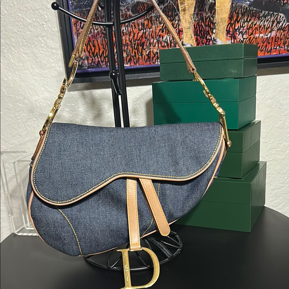 Christian Dior Denim Saddle Bag EUC with Gold Tan Accents